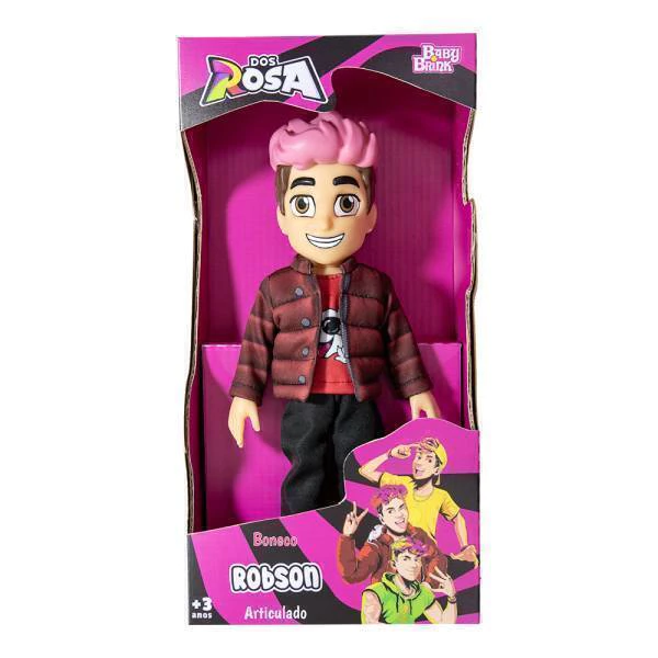 Boneco articulado Robson dos Rosa Baby Brink em embalagem rosa e preta