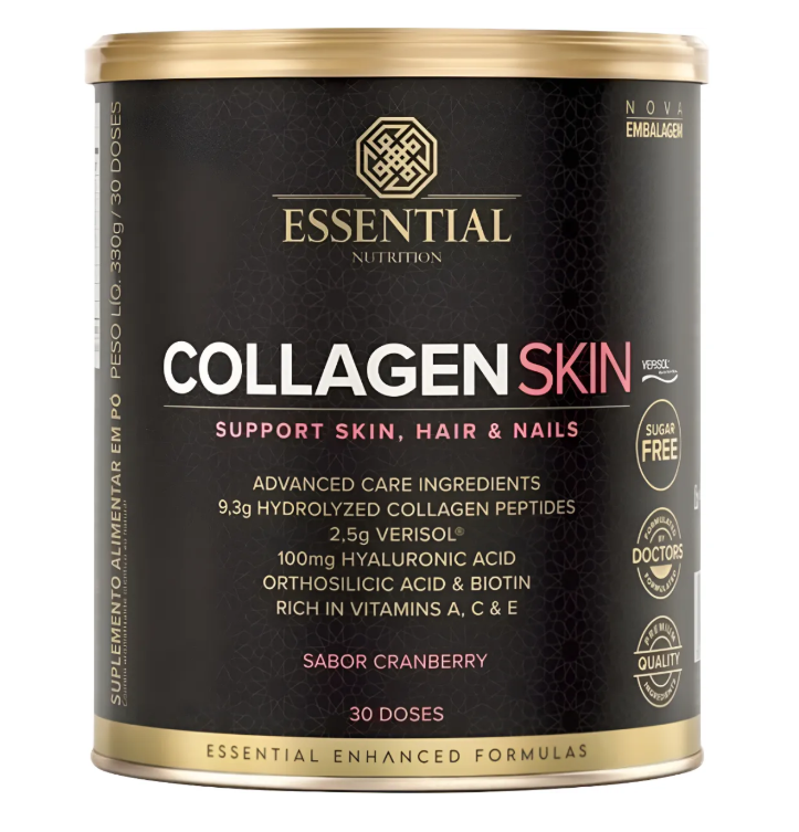 Suplemento alimentar Essential Nutrition Collagen Skin, embalagem preta com detalhes dourados