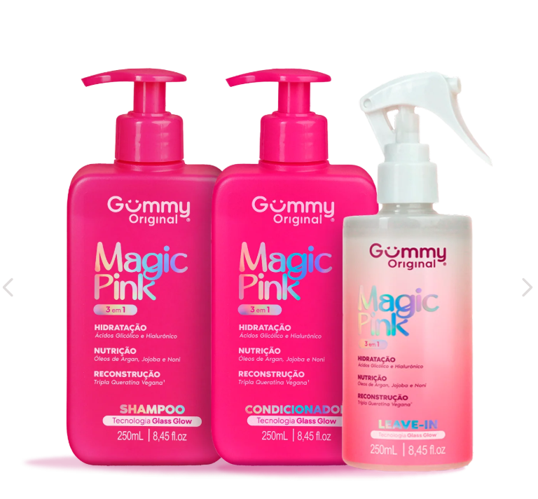 Três produtos Gummy Original Magic Pink para cabelo em embalagens rosas e branca