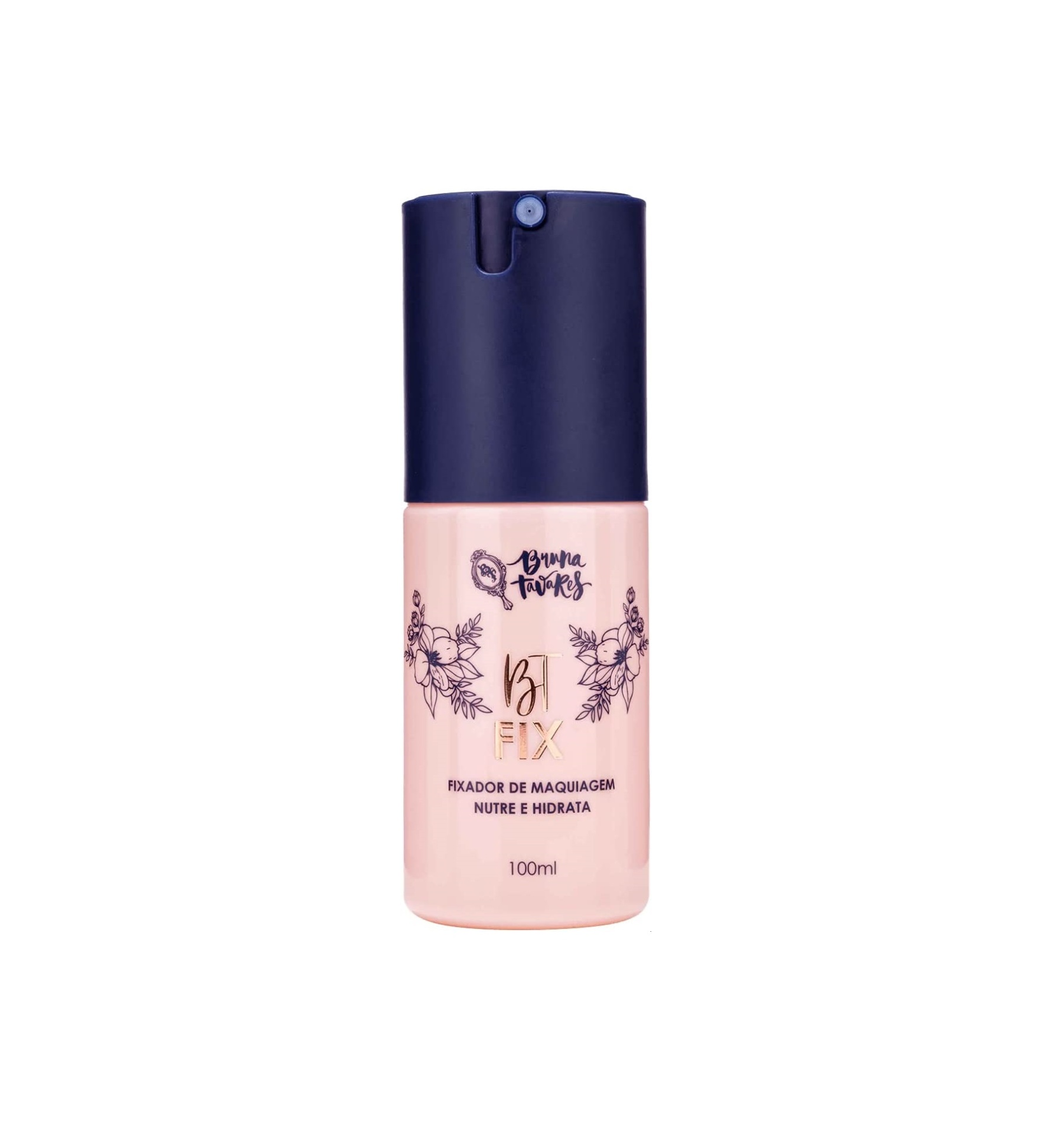 Frasco de spray para fixador de maquilhagem cor rosa e azul com texto e decoração floral
