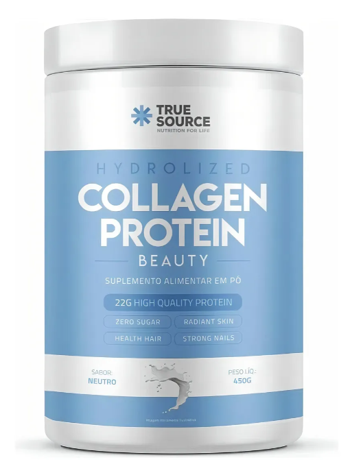 Frasco de suplemento em pó de colagénio hidrolisado True Source azul e branco