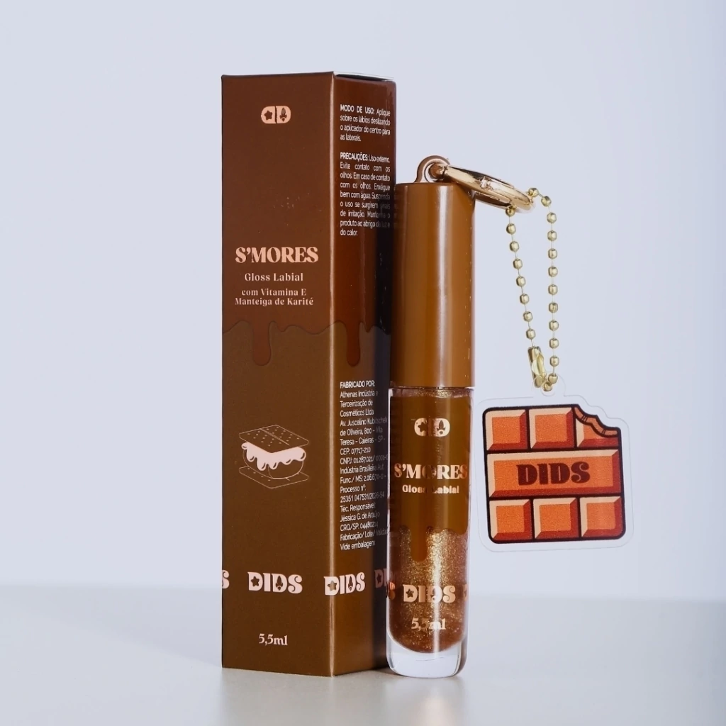 Gloss labial DIDS SMORES em embalagem marrom com chaveiro de barra de chocolate