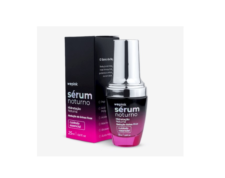 Frasco de sérum noturno wepink preto e rosa com embalagem a condizer