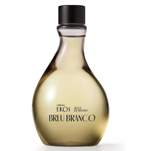 Frasco vidro translúcido amarelo com tampa preta e texto EKOS ÁGUA DE BANHO BREU BRANCO