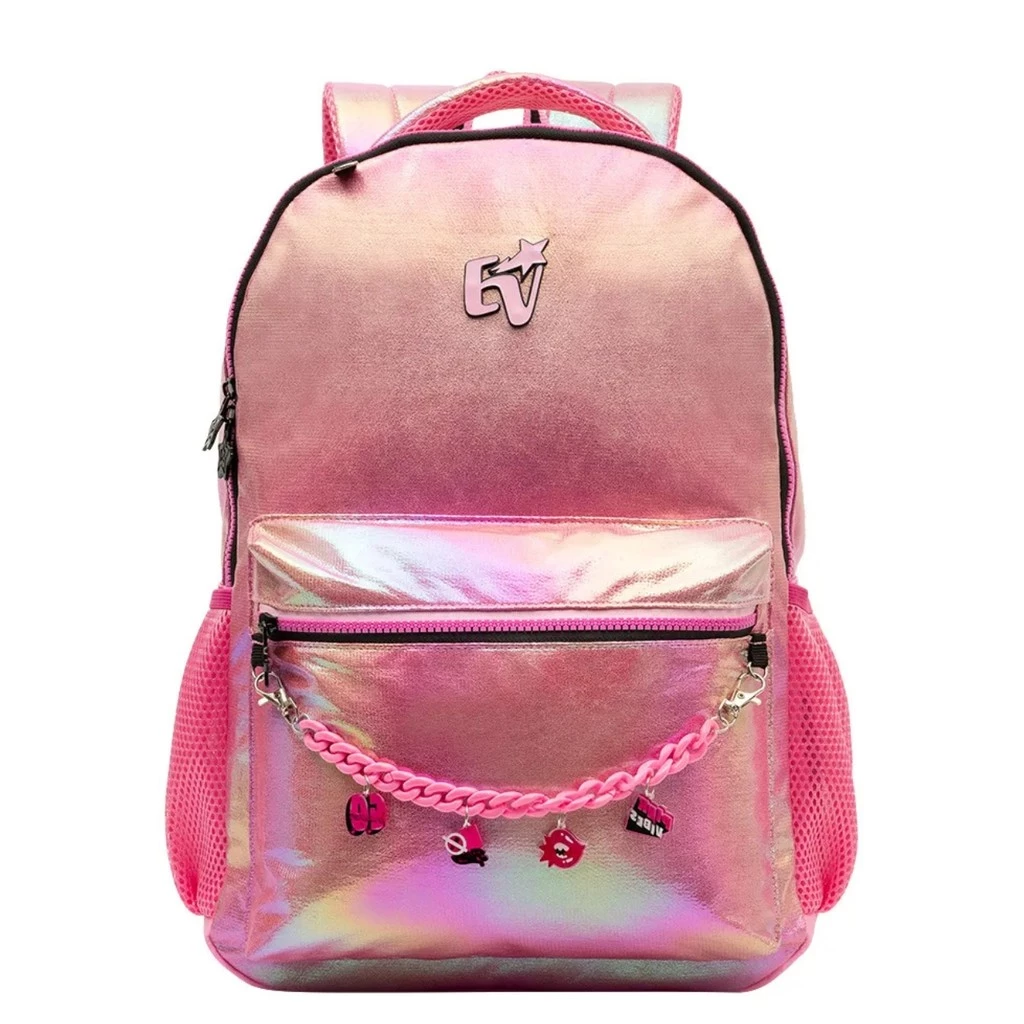 Mochila rosa metalizada com bolso frontal e pingentes