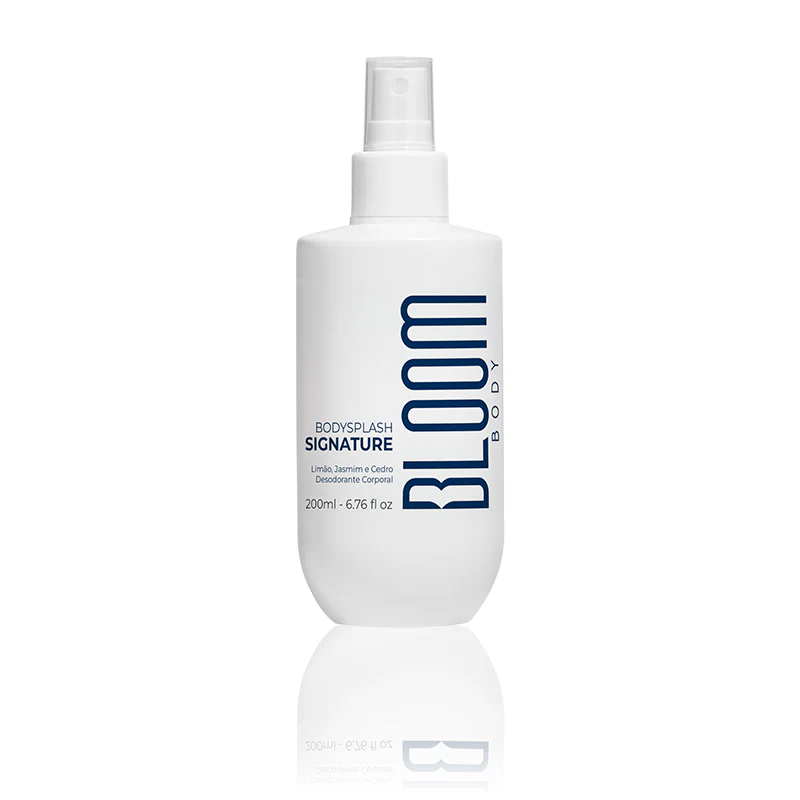 Frasco branco de body splash com spray e texto azul