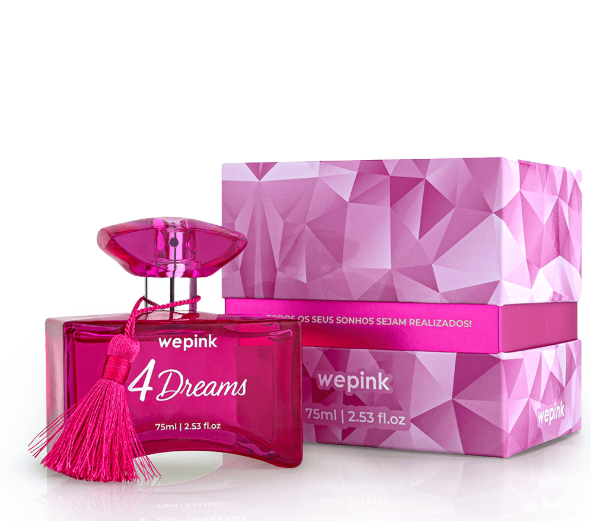 Frasco de perfume rosa wepink 4 Dreams com caixa rosa geométrica