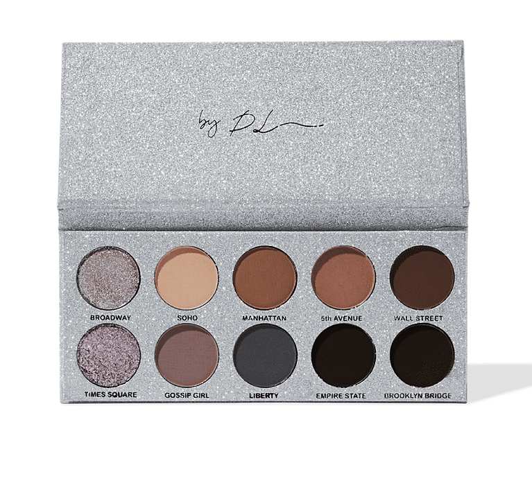 Paleta de sombras de olhos em embalagem prateada glitter com 10 cores nomeadas