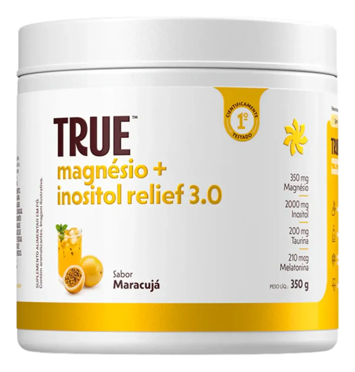 Frasco suplemento magnésio e inositol sabor maracujá