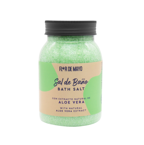 Frasco de sal de banho verde com rótulo de Aloe Vera da marca FLOR DE MAYO