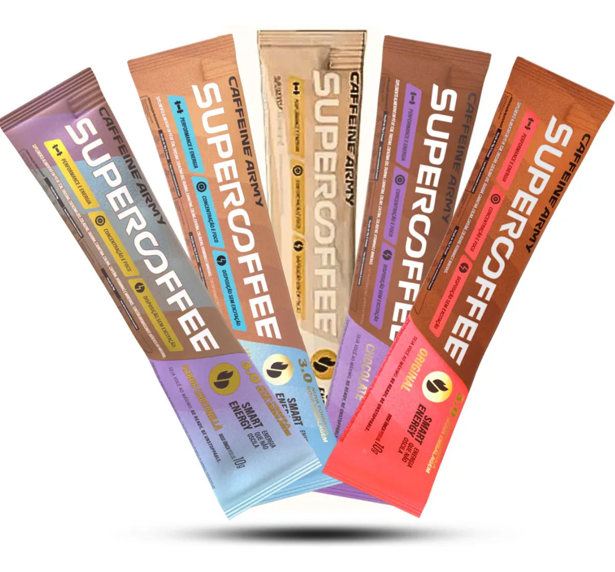 Cinco sticks de café solúvel SuperSoffee da Caffeine Army de várias cores