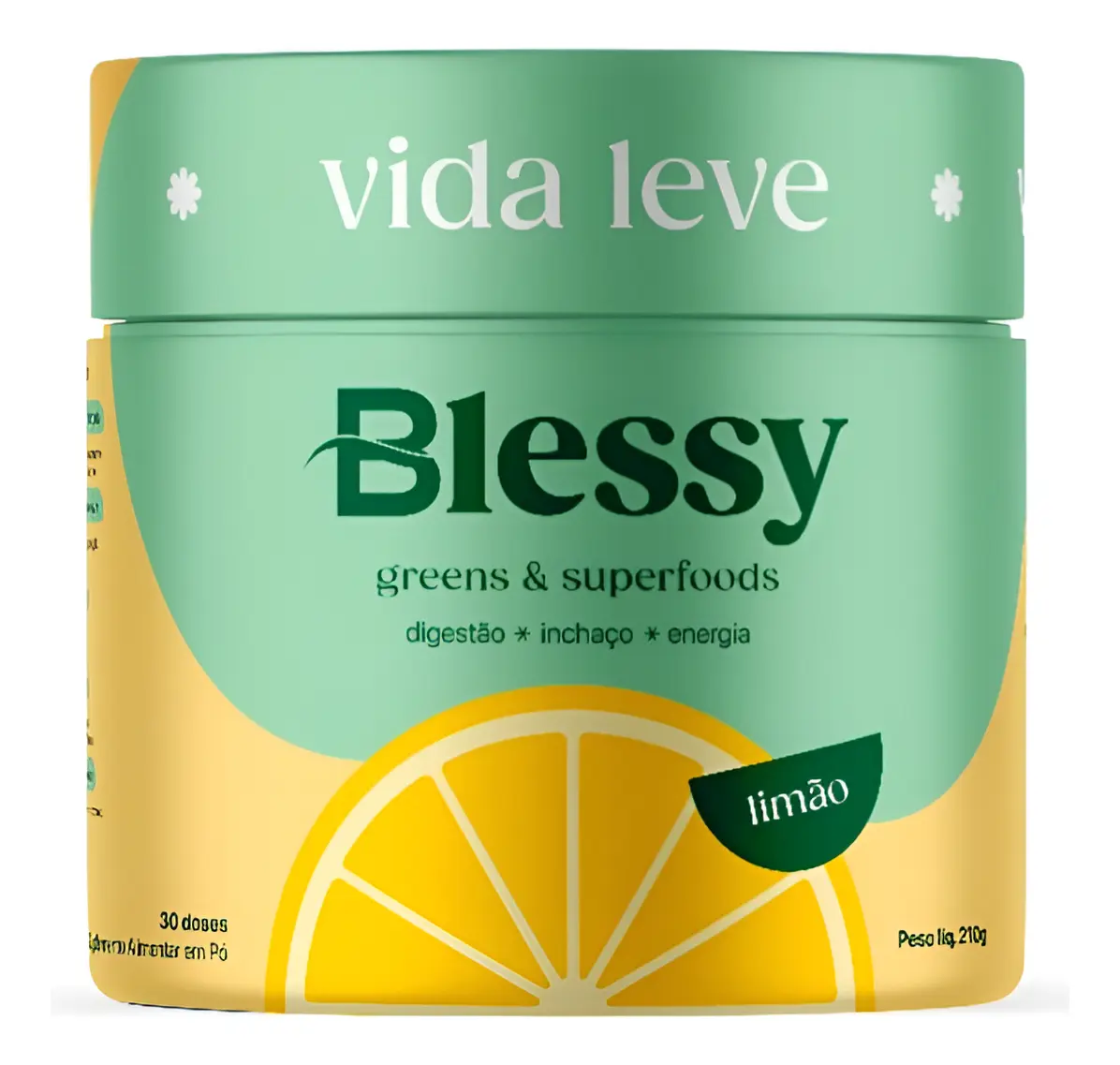 Contentor de suplemento Blessy sabor limão com design amarelo e verde