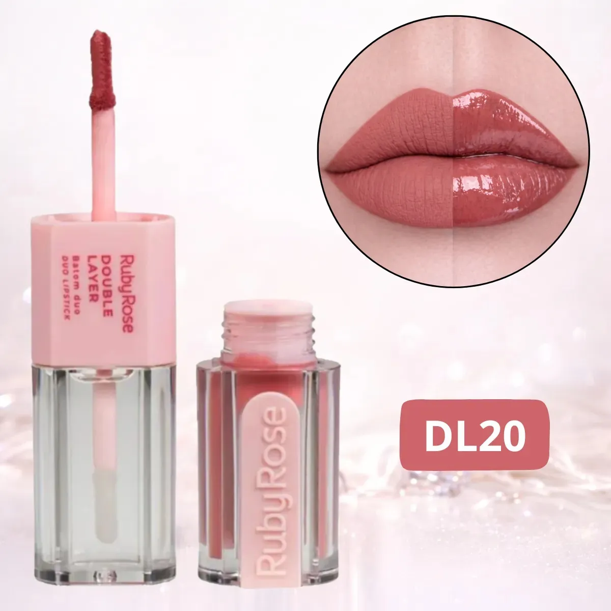 Batom líquido Ruby Rose rosa com brilho labial na embalagem e aplicação nos lábios