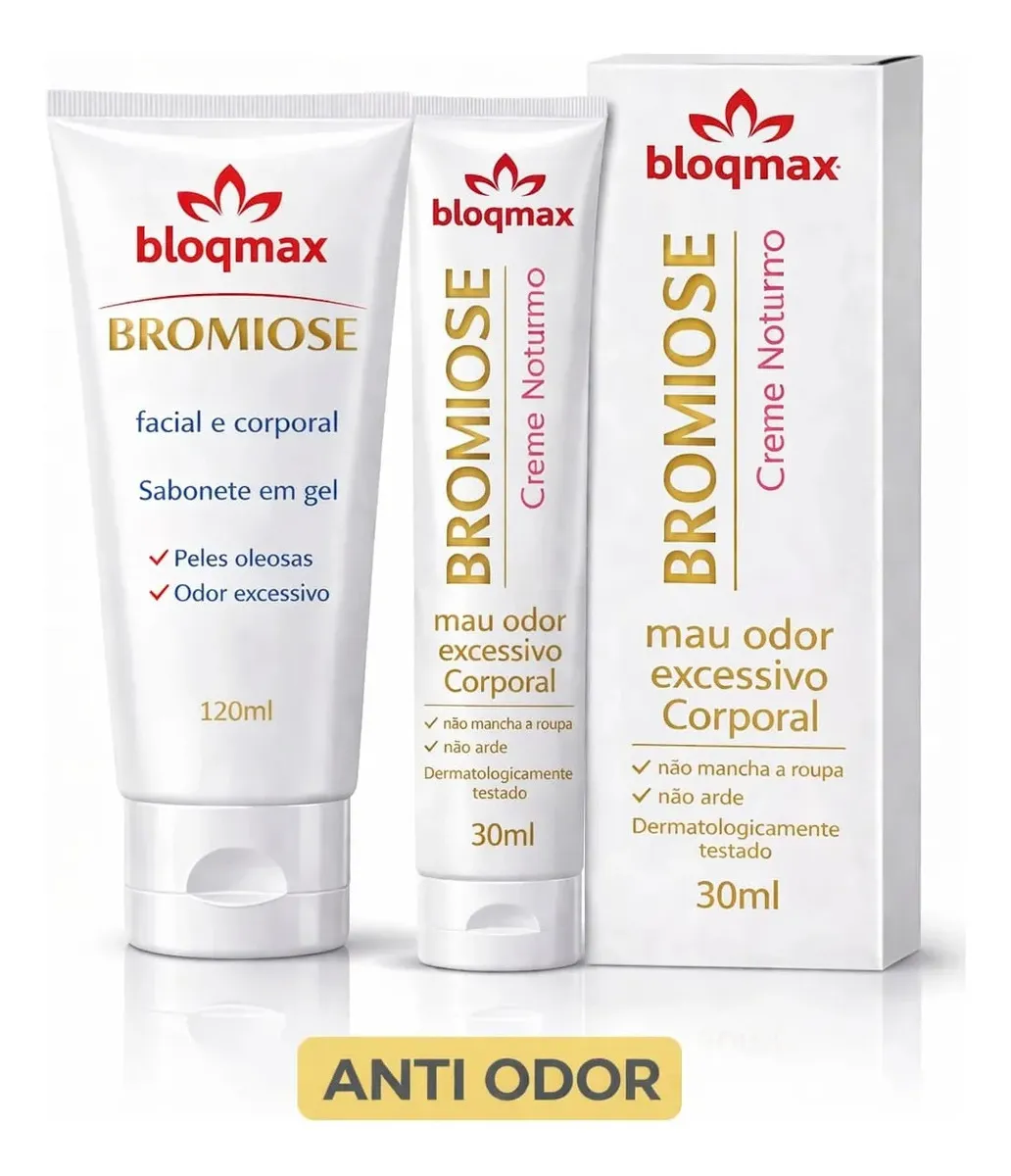 Produtos Bloqmax Bromiose gel facial e corporal e creme noturno anti odor em embalagens brancas com texto dourado, vermelho e azul