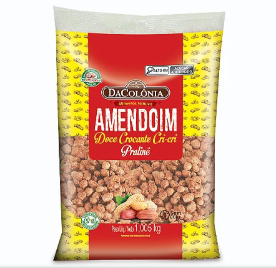 Pacote amarelo e vermelho de amendoim doce crocante Dacolônia com 1,005 kg