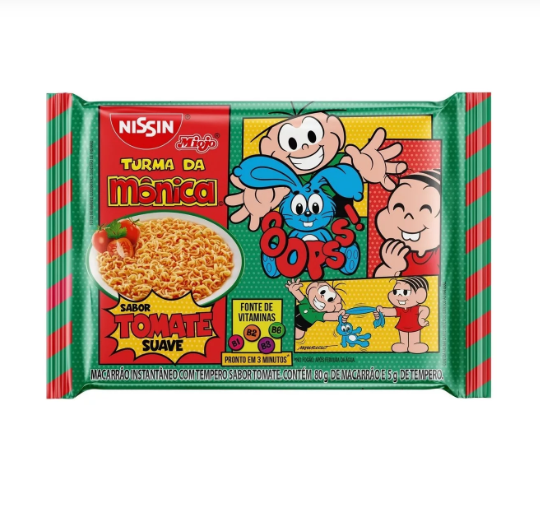 Embalagem de macarrão instantâneo Nissin Turma da Mônica sabor tomate suave