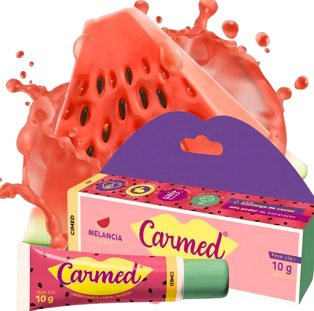 Bálsamo labial Carmed sabor melancia com embalagem rosa e tampa verde, fatia de melancia ao fundo