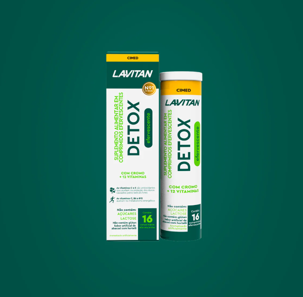 Embalagem e tubo do suplemento alimentar LAVITAN DETOX efervescente branco com verde e amarelo