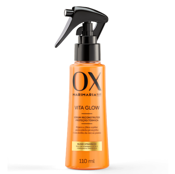Frasco laranja com pulverizador preto de sérum capilar OX MARIMARIA VITA GLOW