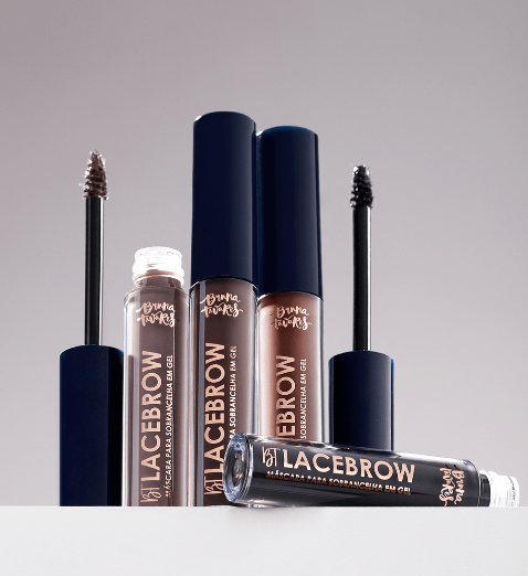 Quatro tubos de máscara para sobrancelhas em gel LACEBROW com tampa azul escura, quatro cores visíveis