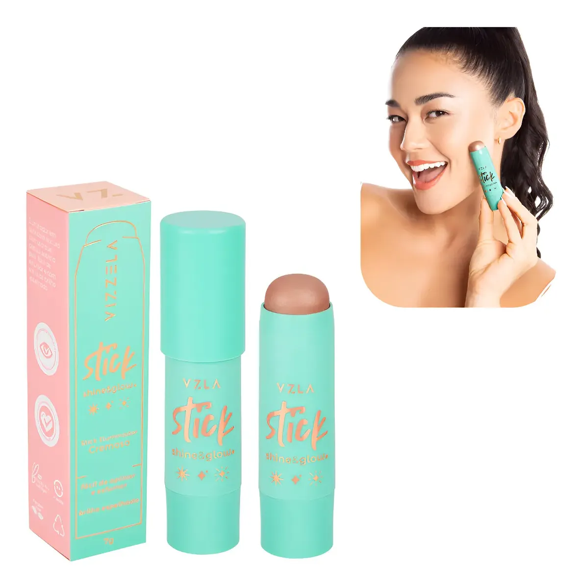Cosmético em bastão azul-turquesa e embalagem rosa e azul-turquesa com mulher a aplicar.
