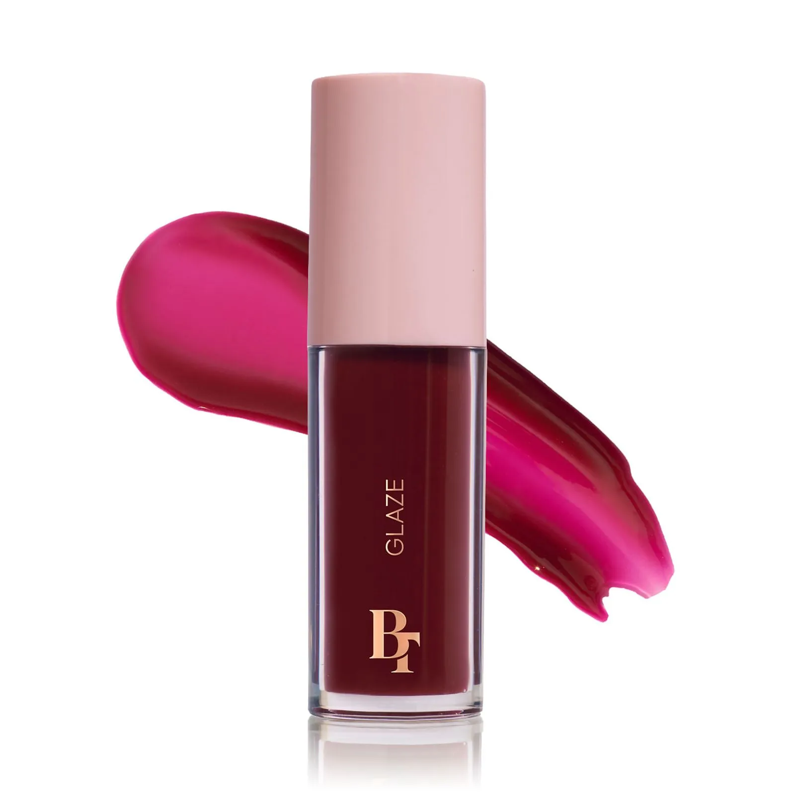Frasco de verniz para unhas vermelho escuro com tampa rosa clara e fundo branco
