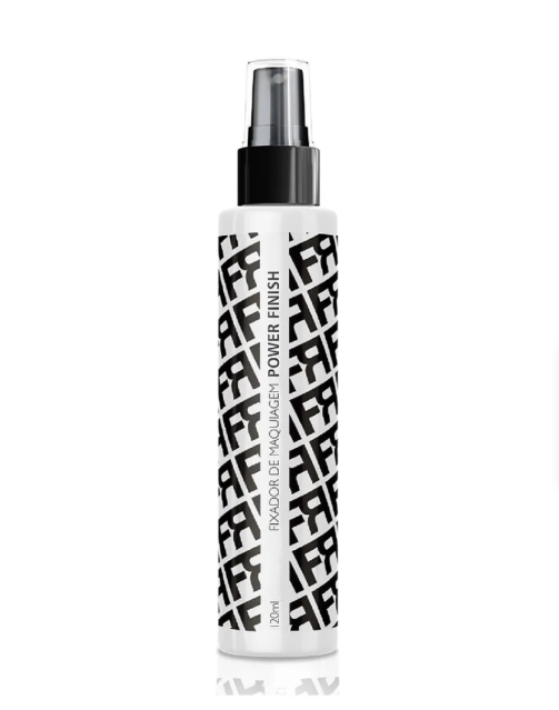 Frasco branco com tampa preta de spray de fixador de maquilhagem com padrão preto das letras AFF