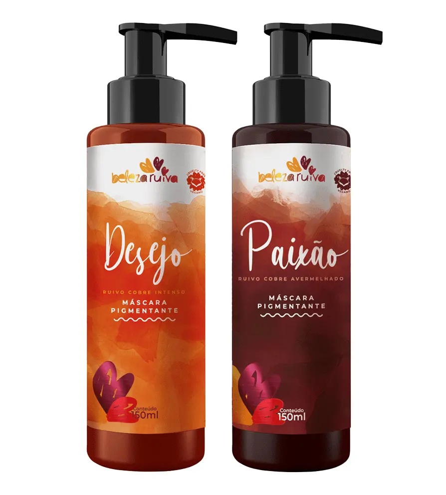 Embalagens de máscara pigmentante dos produtos Desejo e Paixão da marca beleza ruiva.
