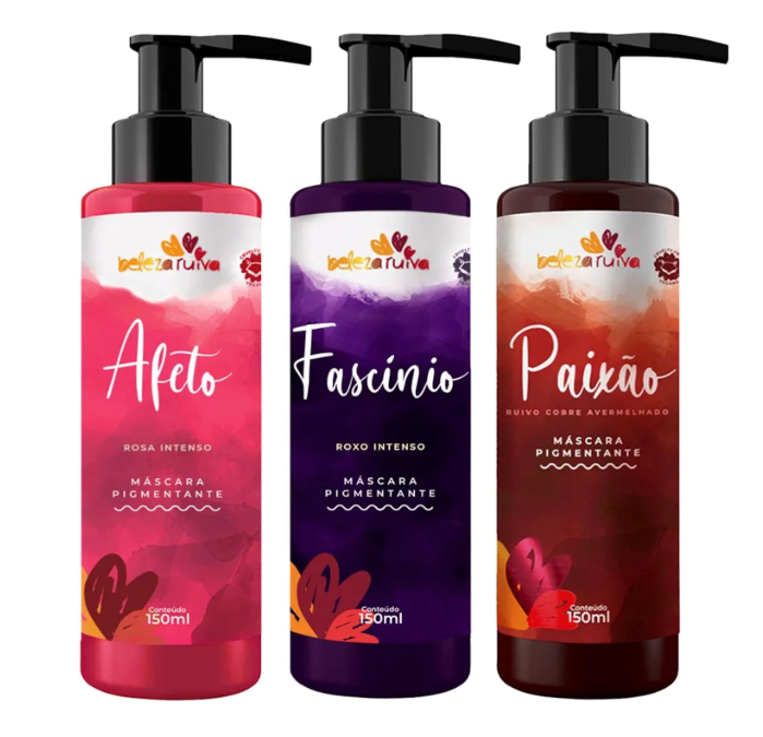Três frascos de máscara pigmentante para cabelo, cores rosa, roxo e ruivo, com tampas pump pretas.