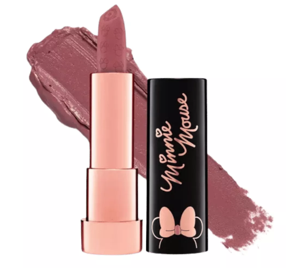 Batom rosa velho com estojo preto decorado Minnie Mouse e laço rosa