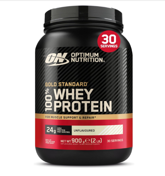 Frasco preto de suplemento proteico Optimum Nutrition com 30 porções e rótulo preto, dourado e vermelho
