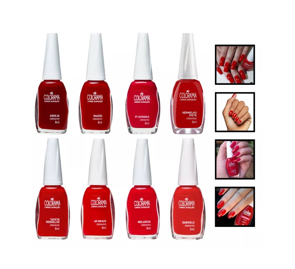 Oito vernizes de unhas Colorama em tons de vermelho com imagens de unhas pintadas à direita