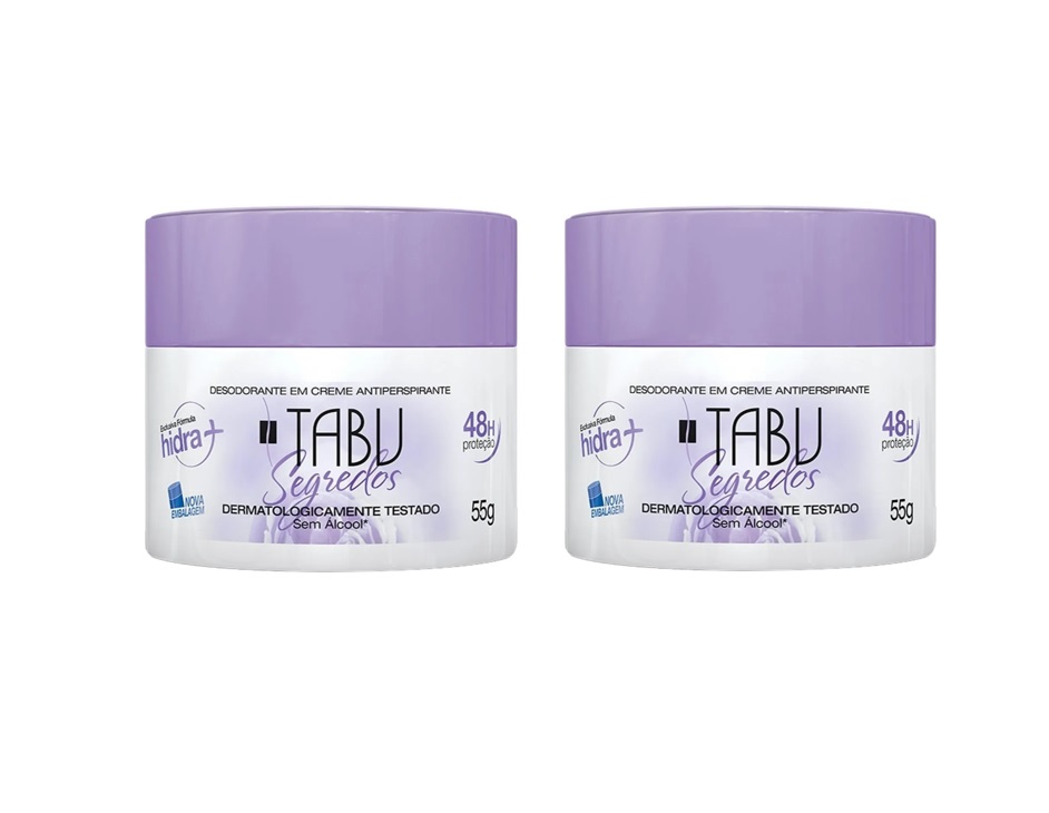 Dois frascos brancos com tampa lilás de desodorizante TABU Segredos