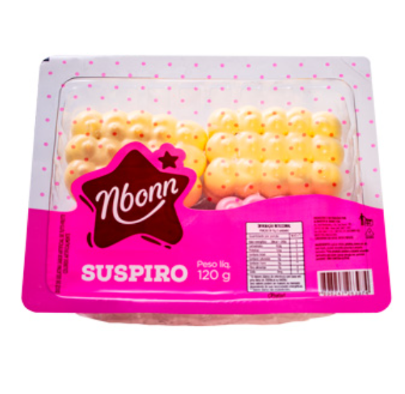 Embalagem plástica com suspiros amarelos e rótulo rosa com texto Nbonn Suspiro