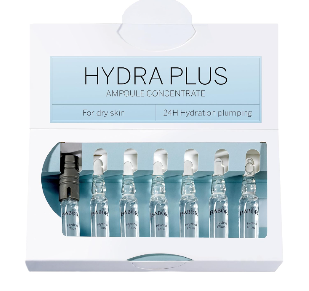 Caixa branca com ampolas transparentes de sérum HYDRA PLUS da BABOR