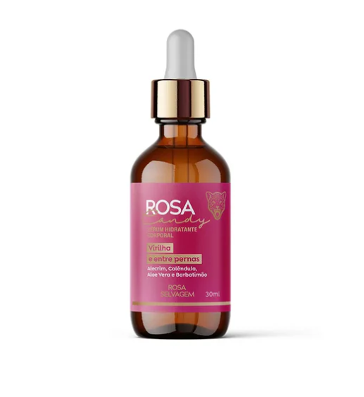 Frasco âmbar com rótulo rosa do hidratante corporal ROSA luxury