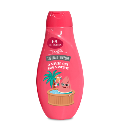 Frasco rosa de gel de ducha com imagem de melancia e texto em espanhol