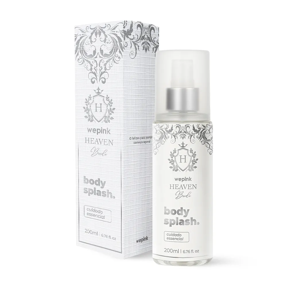 Frasco e caixa de body splash wepink HEAVEN Bride branco e cinza