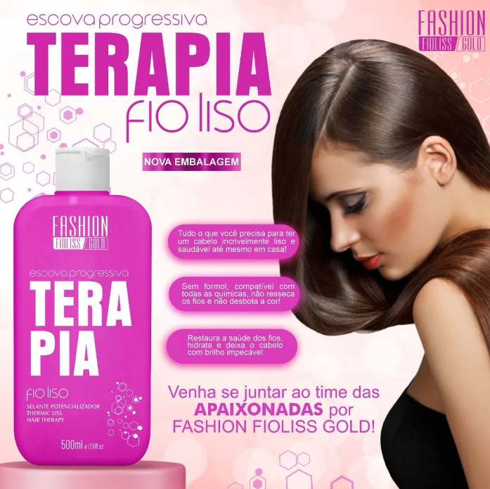 Produto escova progressiva Terapia Fio Liso em embalagem rosa com texto e mulher cabelo liso castanho