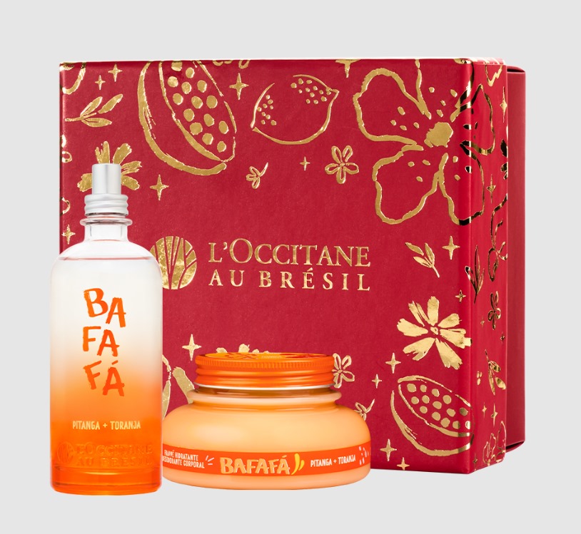Conjunto de produtos L'Occitane AU BRÉSIL com frasco spray e pote em tons de laranja e embalagem vermelha