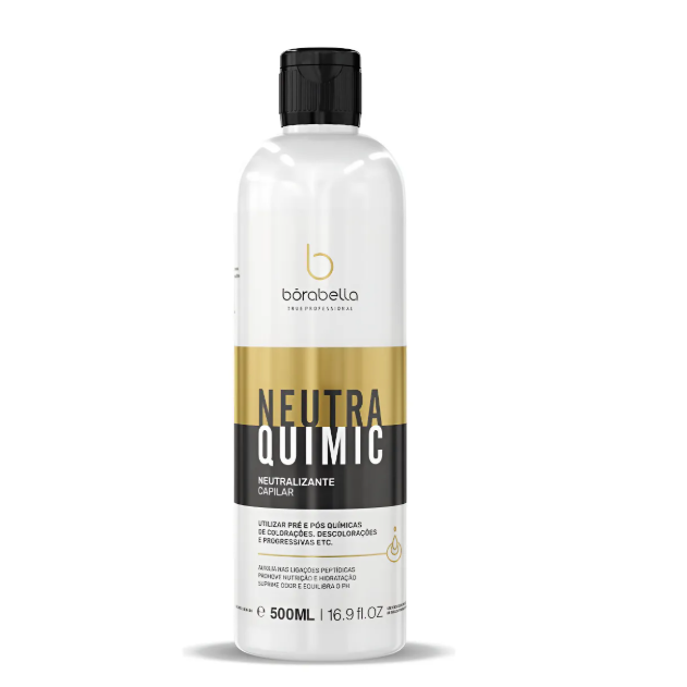 Frasco de plástico branco com tampa preta e rótulo dourado e preto de produto capilar NEUTRA QUIMIC