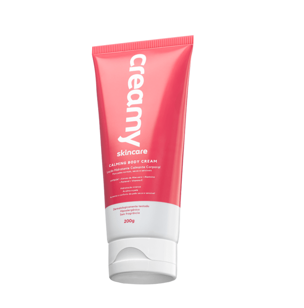 Tubo de creme corporal vermelho e branco com texto branco e vermelho