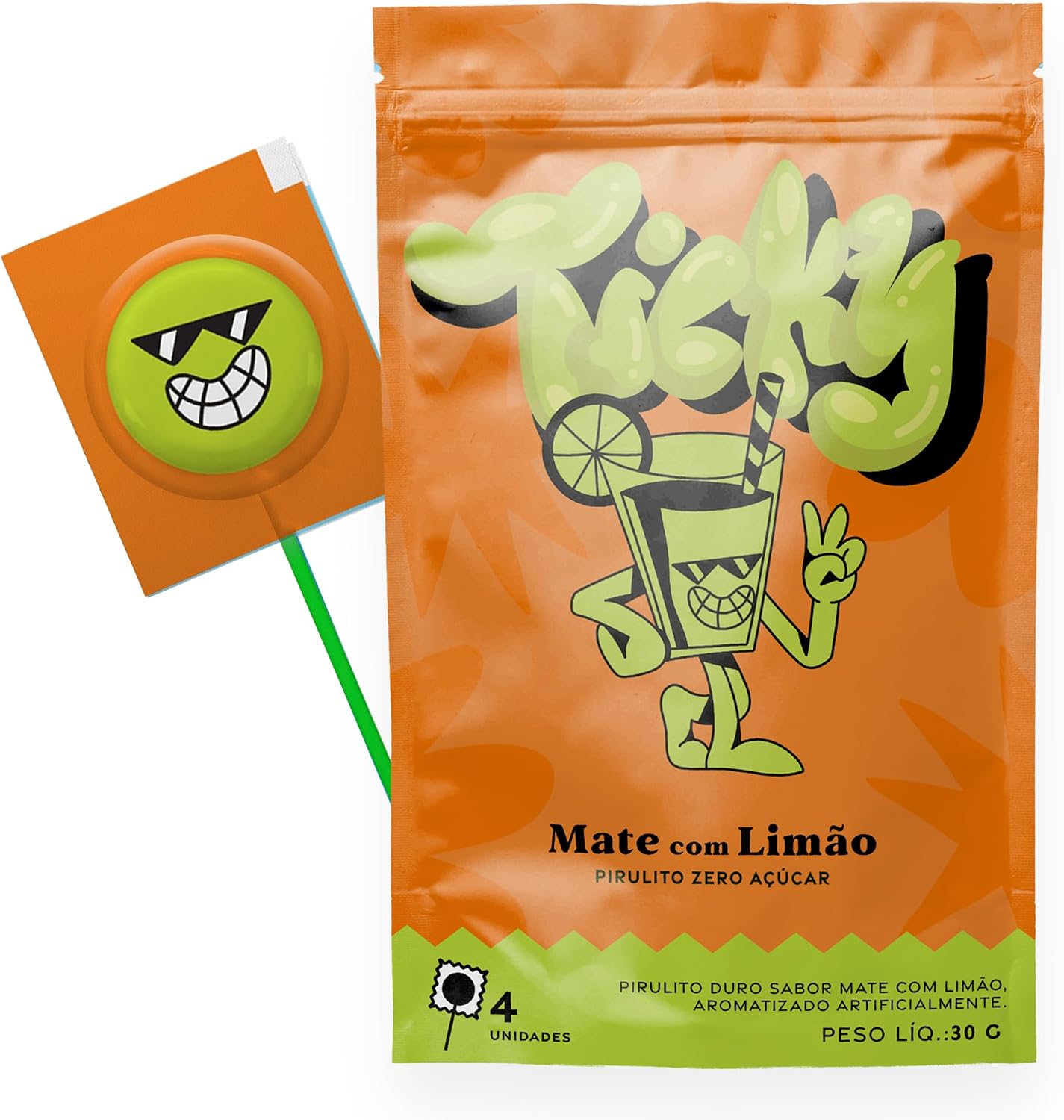 Embalagem laranja e verde de pirulitos sabor mate com limão
