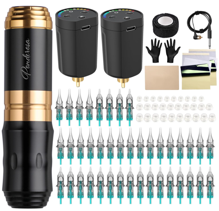 Kit completo para tatuagem com máquina preta e dourada, agulhas, luvas e acessórios