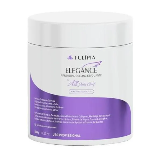 Embalagem branca con rotulo roxo de peeling esfoliante Elegance da Tulípia