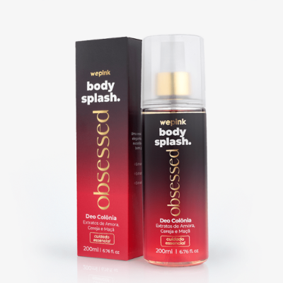 Frasco e embalagem preta e vermelha de body splash wepink obsessed 200ml