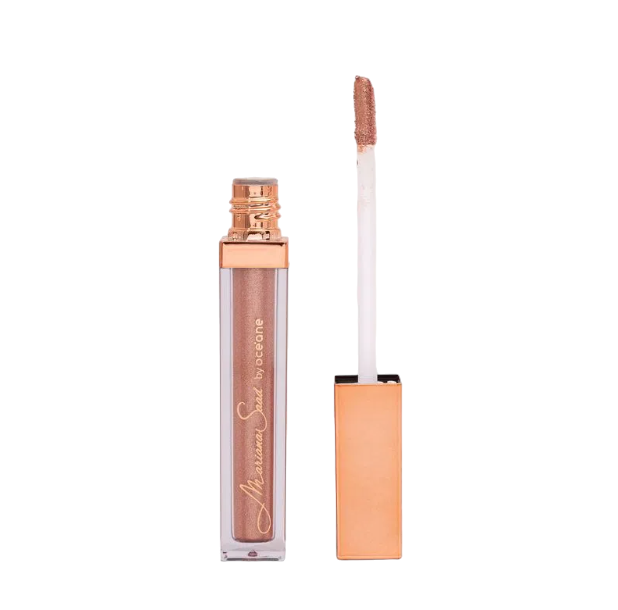 Gloss labial nude com brilho e aplicador com tampa dourada