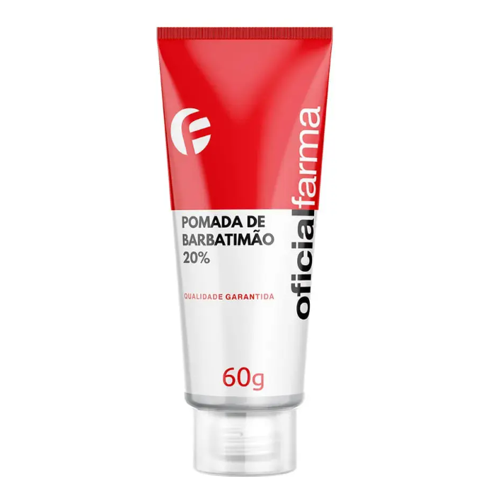 Tubo de pomada de barbatimão vermelho e branco com texto e marca oficialfarma