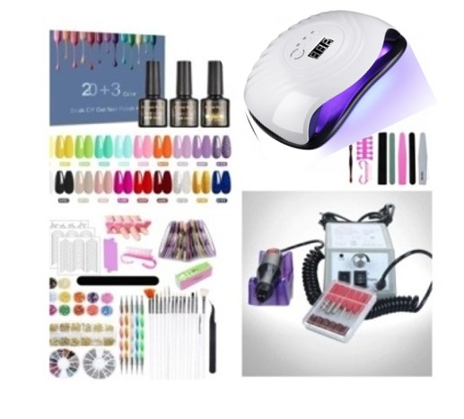 Kit completo para unhas com vernizes, lâmpada LED, ferramentas e aparelho elétrico.
