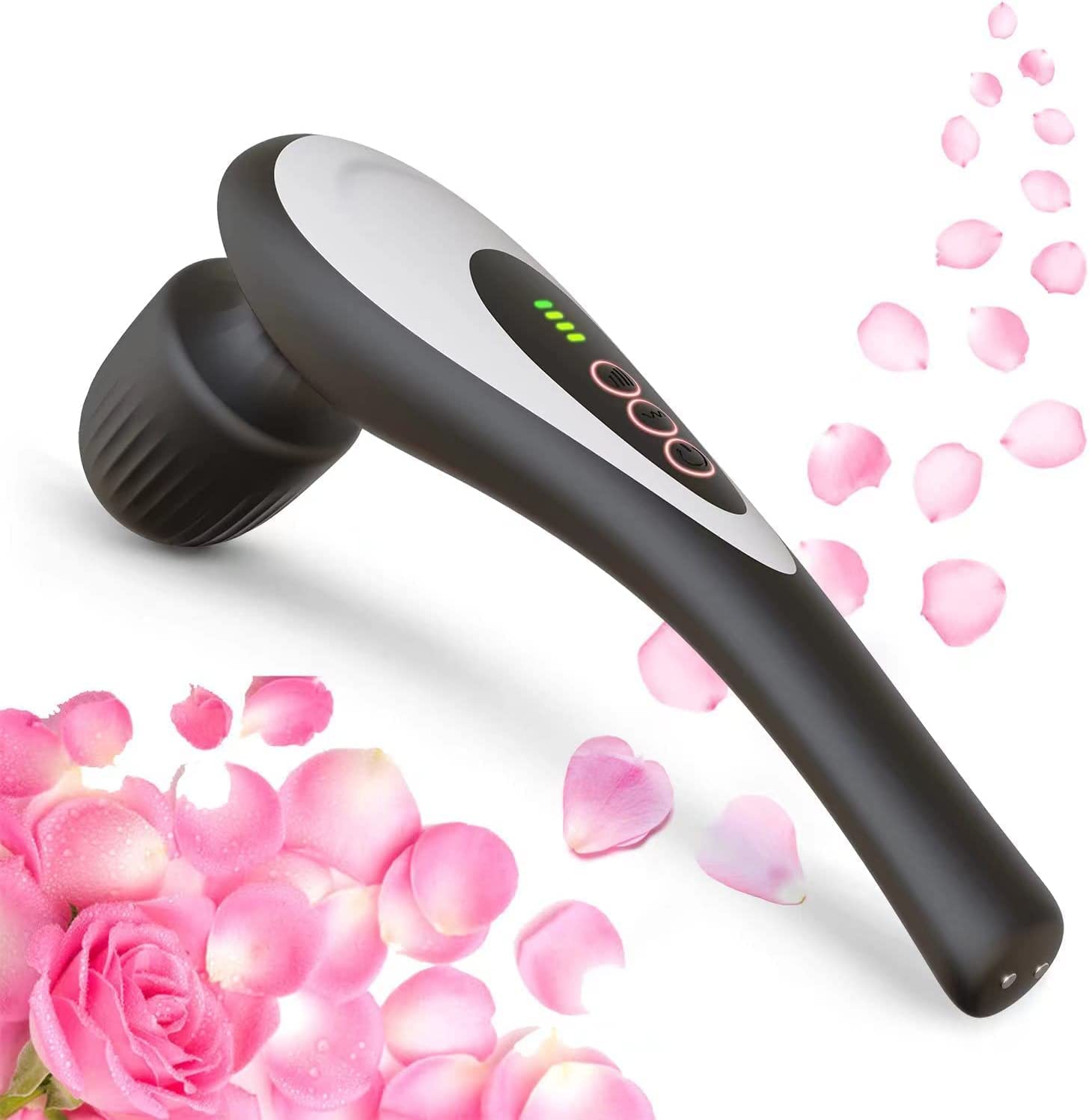 Massageador elétrico preto e branco com botões e luzes, pétalas de rosa cor-de-rosa